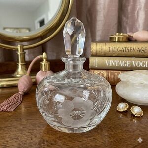 Vintage Crystal Perfume Bottle • Frosted Floral Motif • 5"